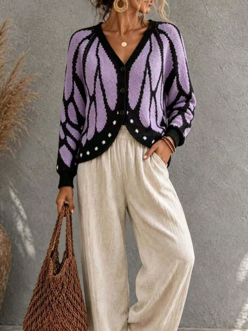 Purple Casual Women's Slim Fit Raglan Button Cardigan